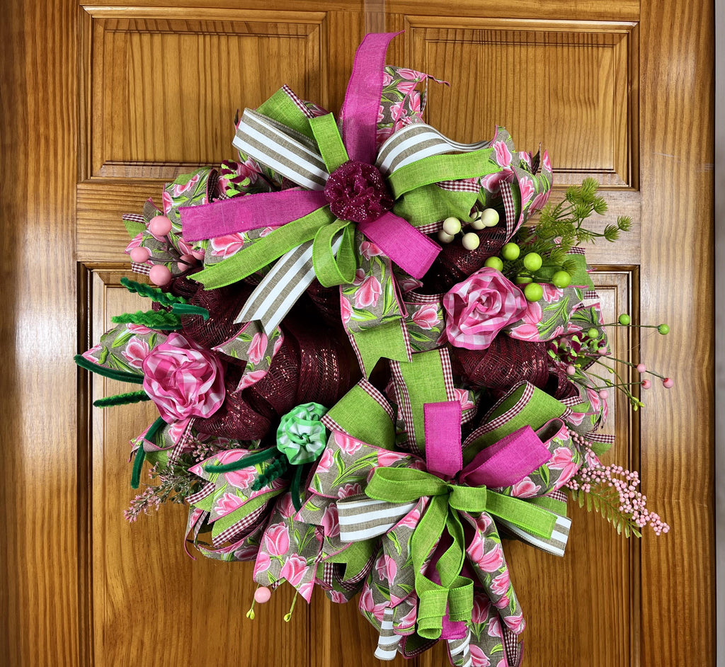 Pink Tulip Spring Wreath | Handmade Floral Front Door Wreath | Garden-Inspired Everyday Door Hanger | Farmhouse Spring Decor