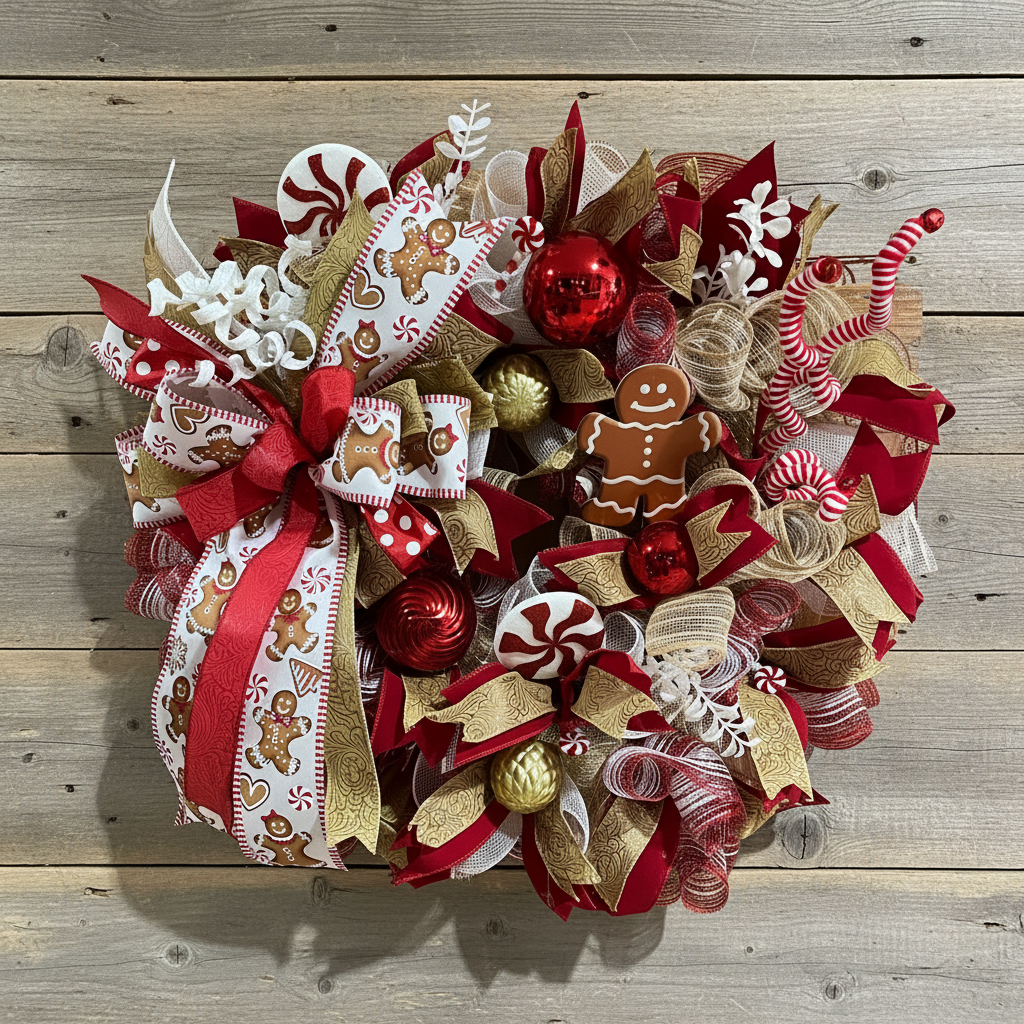 Gingerbread Christmas Wreath | Candy Cane Front Door Wreath | Handmade Christmas Cookie Holiday Decor | Farmhouse Christmas Door Hanger