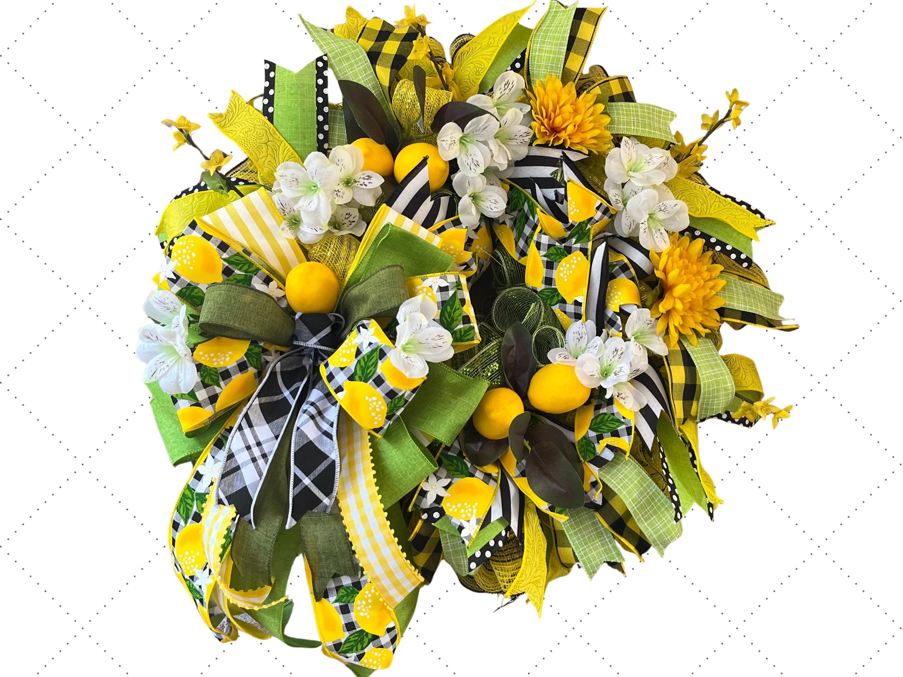 Lemon Summer Wreath | Yellow Floral Farmhouse Decor with Gingham Ribbon