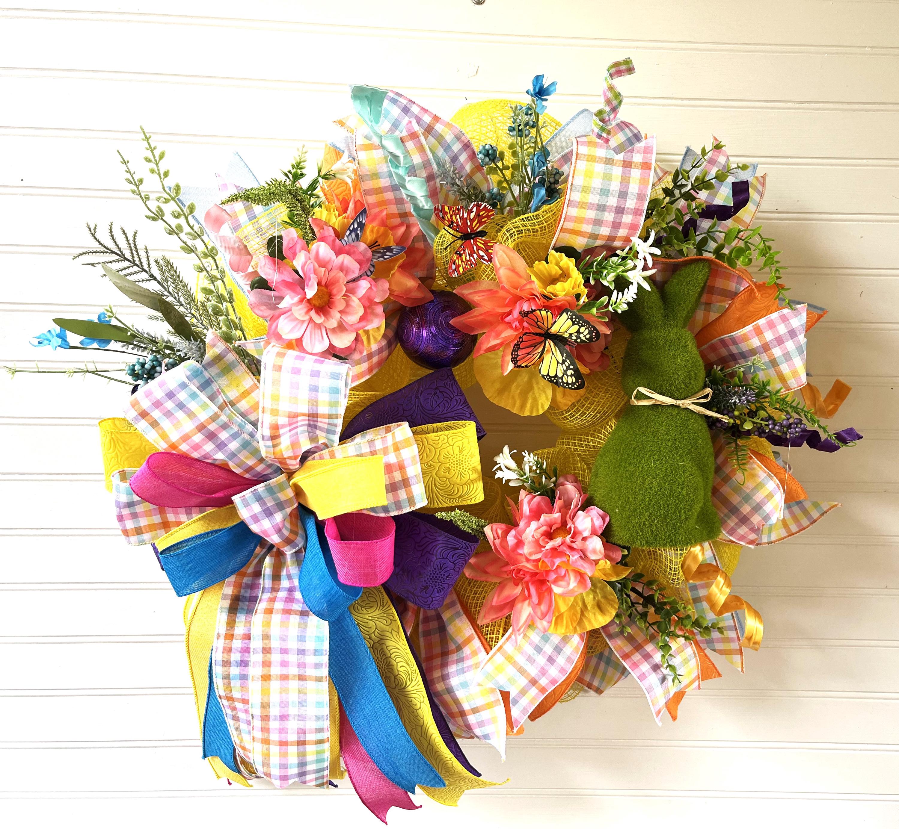 Easter Bunny Wreath | Pastel Plaid Floral Door Hanger | Spring Wreath