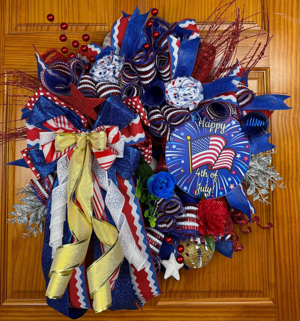 Patriotic Deco Mesh Wreath, 4th of July Front Door Wreath, American Flag Wreath, Memorial Day Decor, Summer Door Hanger