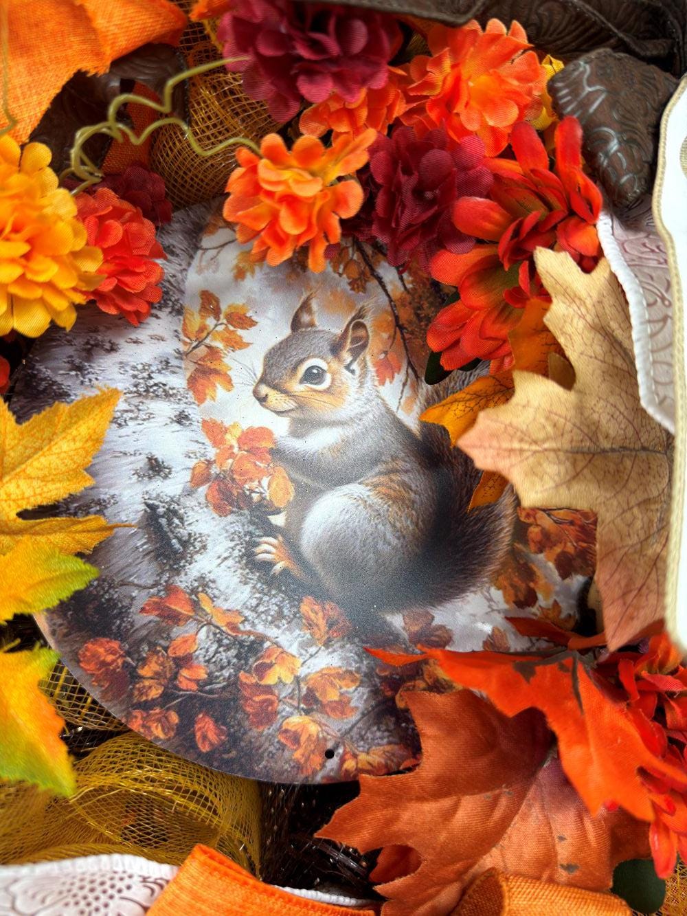 Squirrel Wreath, Autumn Front Door Decor, Woodland Wreath, Orange Yellow Maple Leaves, Rustic Farmhouse Thanksgiving Decoration