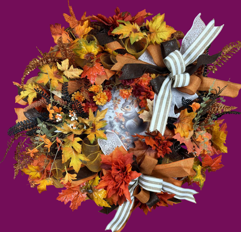 Squirrel Wreath, Autumn Front Door Decor, Woodland Wreath, Orange Yellow Maple Leaves, Rustic Farmhouse Thanksgiving Decoration