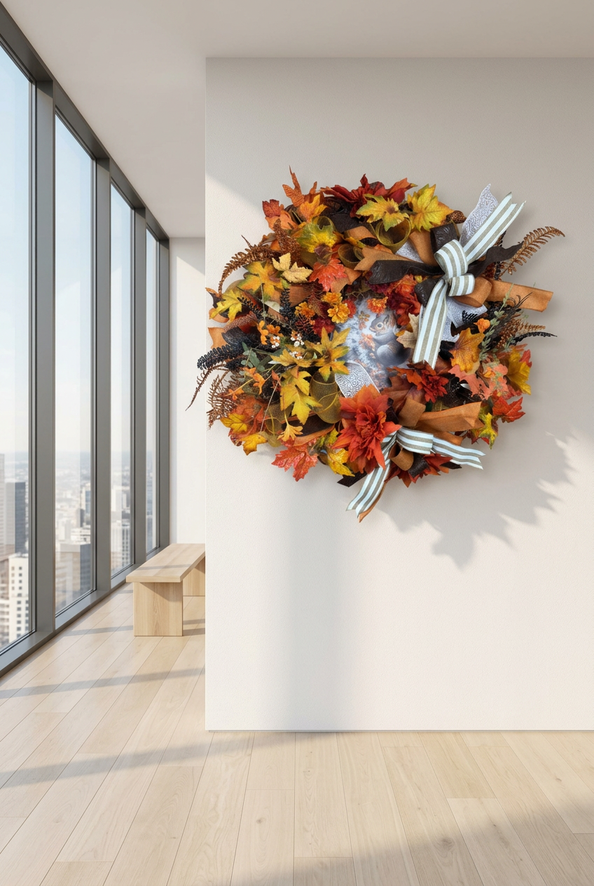 Squirrel Wreath, Autumn Front Door Decor, Woodland Wreath, Orange Yellow Maple Leaves, Rustic Farmhouse Thanksgiving Decoration