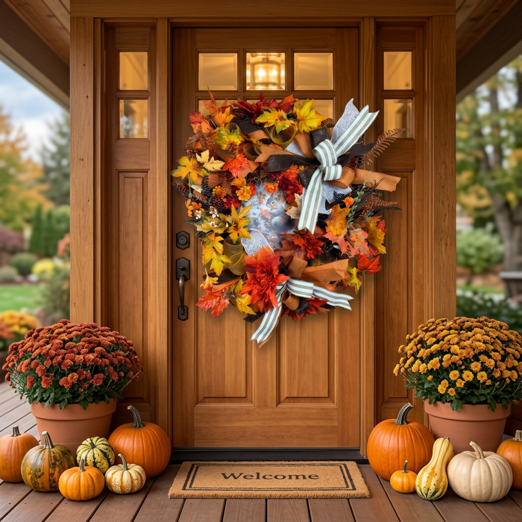 Squirrel Wreath, Autumn Front Door Decor, Woodland Wreath, Orange Yellow Maple Leaves, Rustic Farmhouse Thanksgiving Decoration