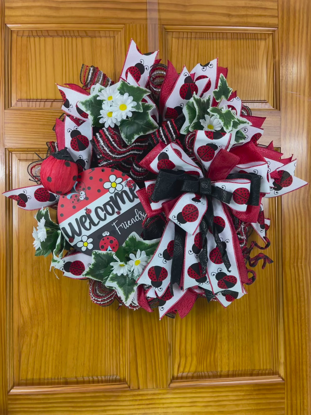 Ladybug Welcome Wreath | Handmade Spring Front Door Wreath | Garden Ladybug Door Hanger | Summer Farmhouse Decor